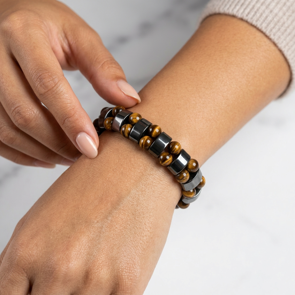 Delemon featuring a double row stretch bracelet with polished metallic hematite rectangular blocks and natural golden brown Tiger's eye gemstone beads