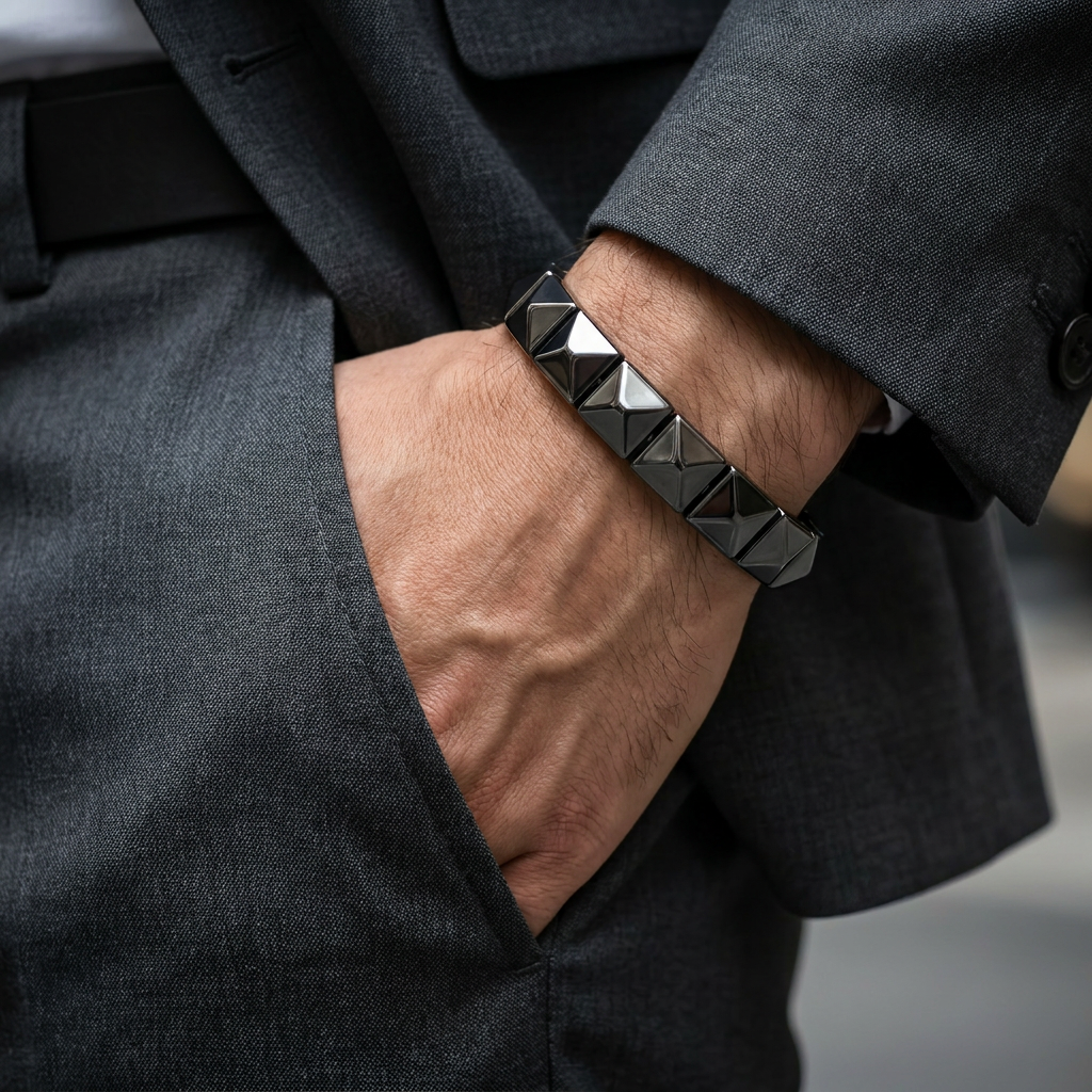 Delemon featuring a uniform geometric stretch bracelet with polished square-based pyramid stud hematite