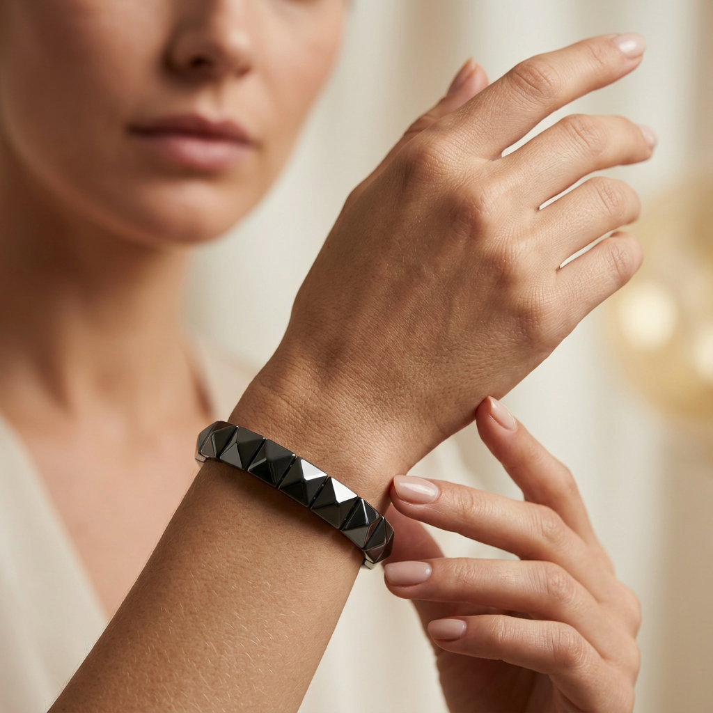 Delemon featuring a uniform geometric stretch bracelet with polished square-based pyramid stud hematite
