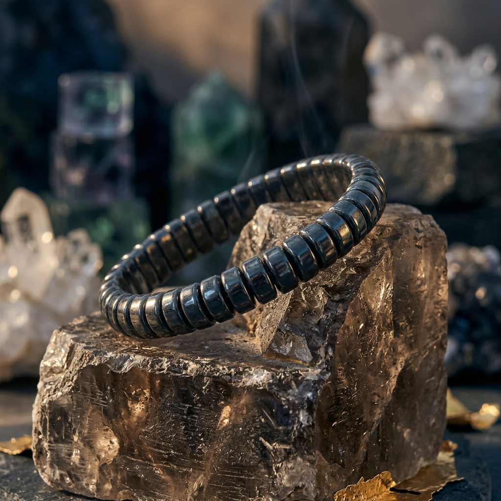Delemon featuring a uniform stretch bracelet with softly rounded polished metallic hematite drum block beads