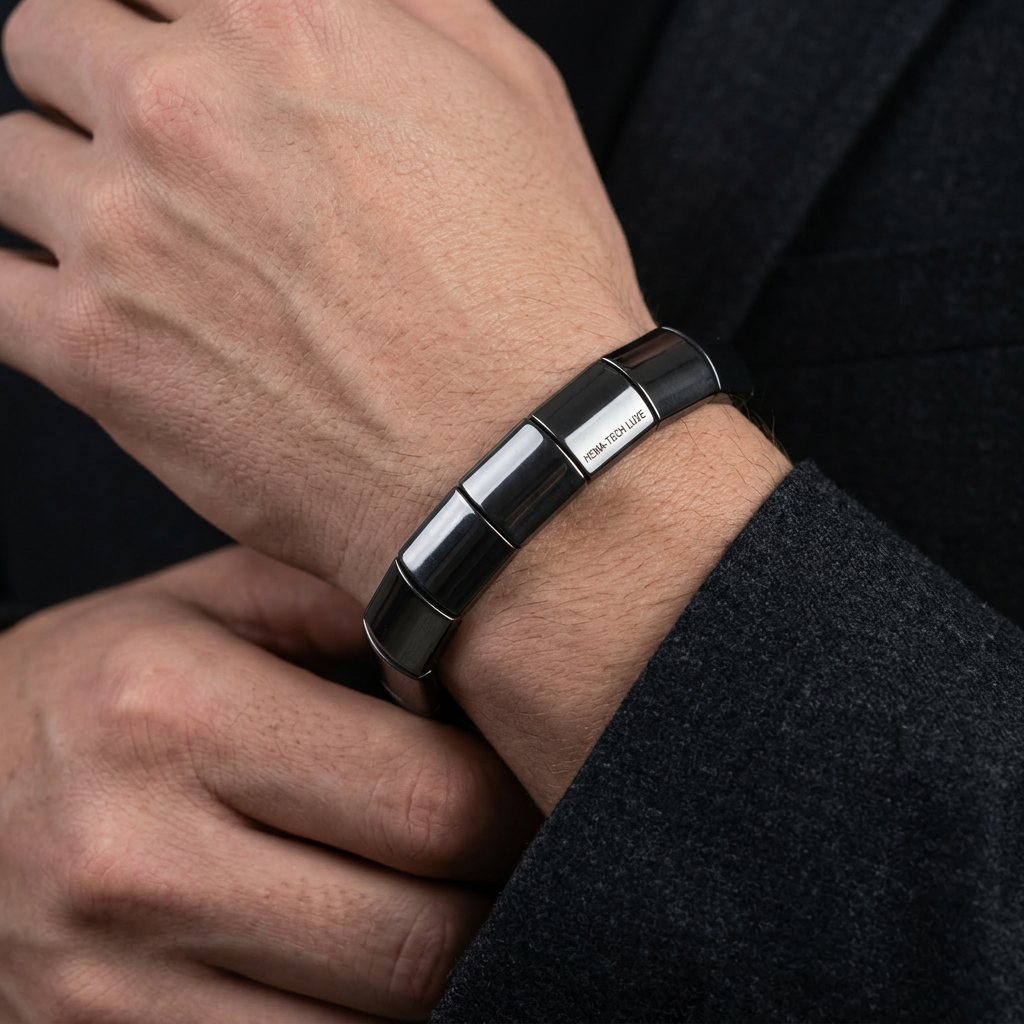 Delemon featuring a uniform chunkier stretch bracelet with large, wide flat-backed polished metallic hematite