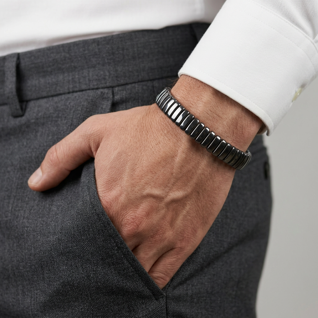 Delemon featuring a uniform full hematite block stretch bracelet with polished rectangular drum bead