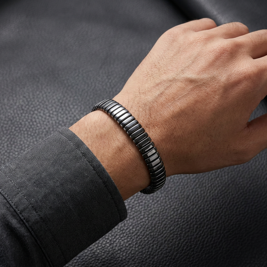 Delemon featuring a uniform full hematite block stretch bracelet with polished rectangular drum bead