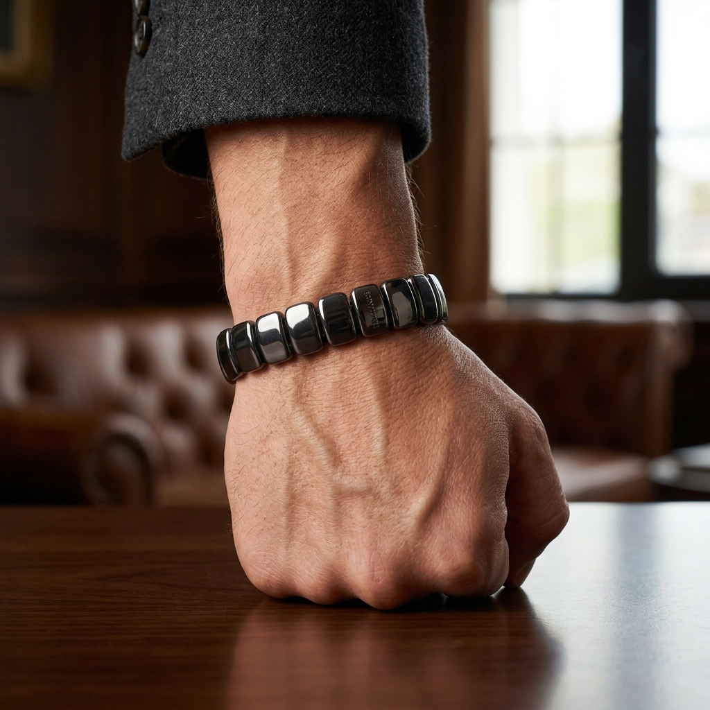 Delemon featuring a uniform stretch bracelet with wide, flat-backed polished metallic hematite
