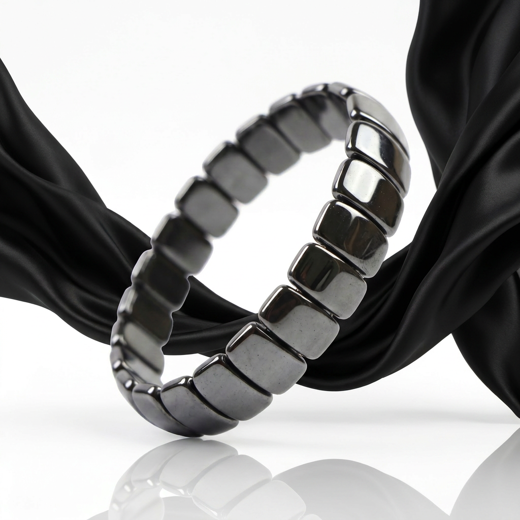 Delemon featuring a uniform stretch bracelet with wide, flat-backed polished metallic hematite