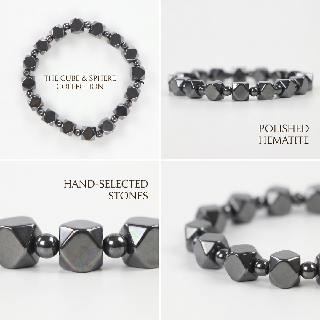 Delemon featuring a uniform geometric stretch bracelet alternating polished multi-faceted hexagonal hematite blocks with tiny round spacer beads