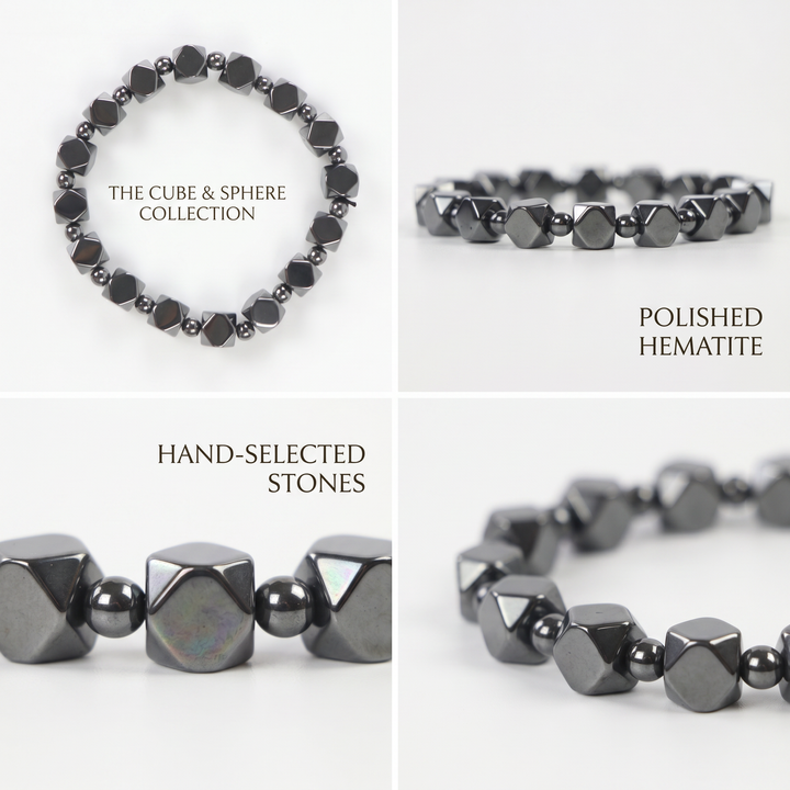 Delemon featuring a uniform geometric stretch bracelet alternating polished multi-faceted hexagonal hematite blocks with tiny round spacer beads