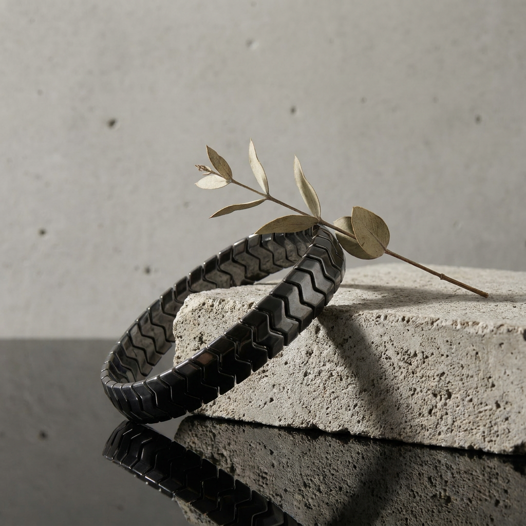 Delemon  featuring a uniform directional stretch bracelet with polished interlocking chevron arrowhead hematite