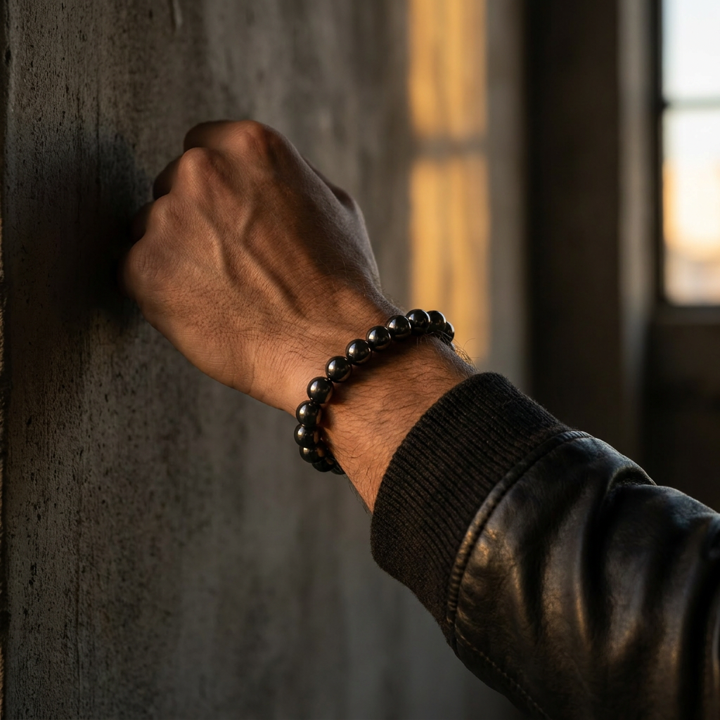 Delemon featuring a uniform round spherical hematite bead stretch bracelet with highly polished gunmetal