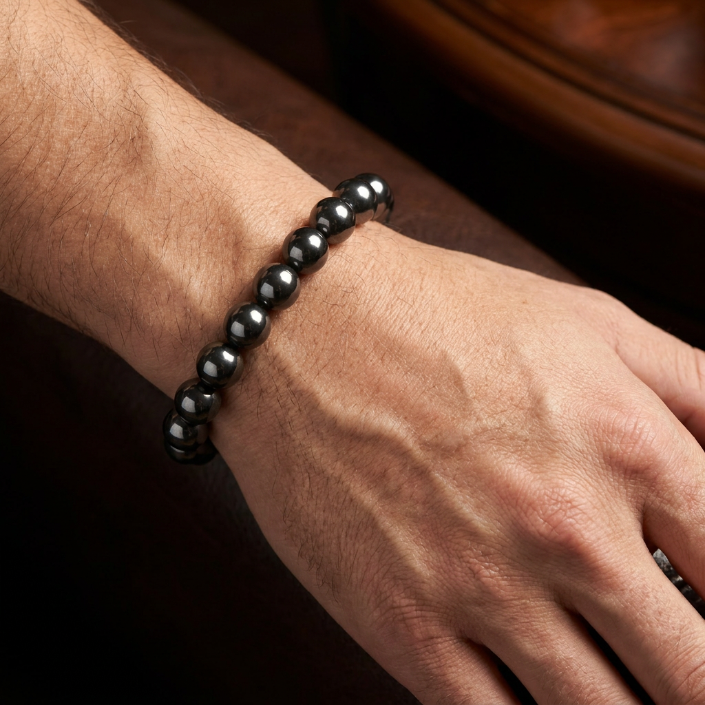 Delemon featuring a uniform round spherical hematite bead stretch bracelet with highly polished gunmetal