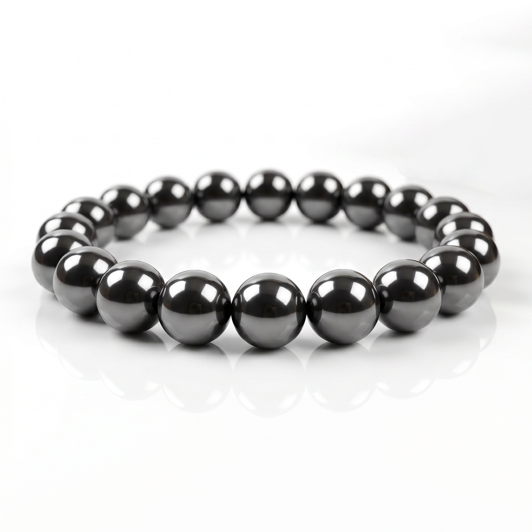 Delemon featuring a uniform round spherical hematite bead stretch bracelet with highly polished gunmetal
