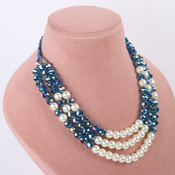 Delemon ocean blue crystal and cream pearl multi-strand necklace