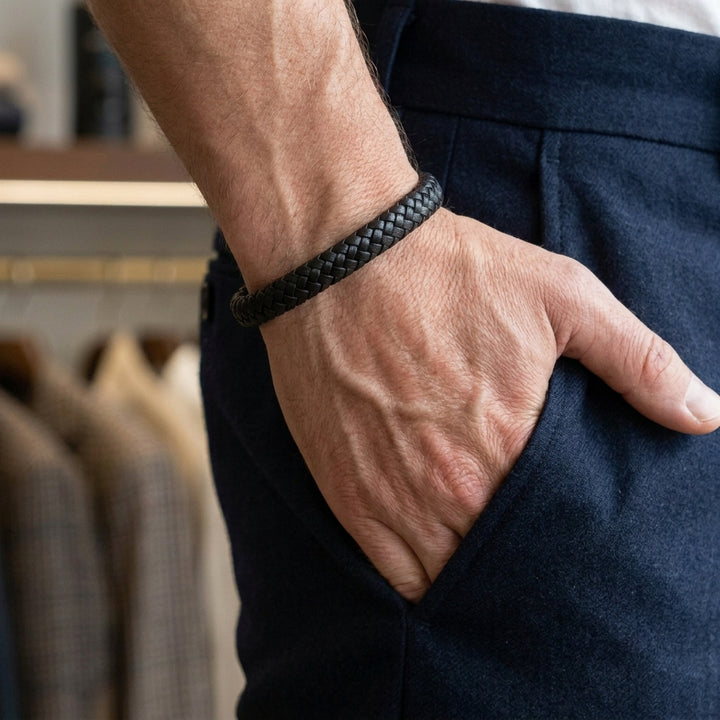 Delemon featuring a single-strand thick braided black genuine leather bracelet with a black steel clasp