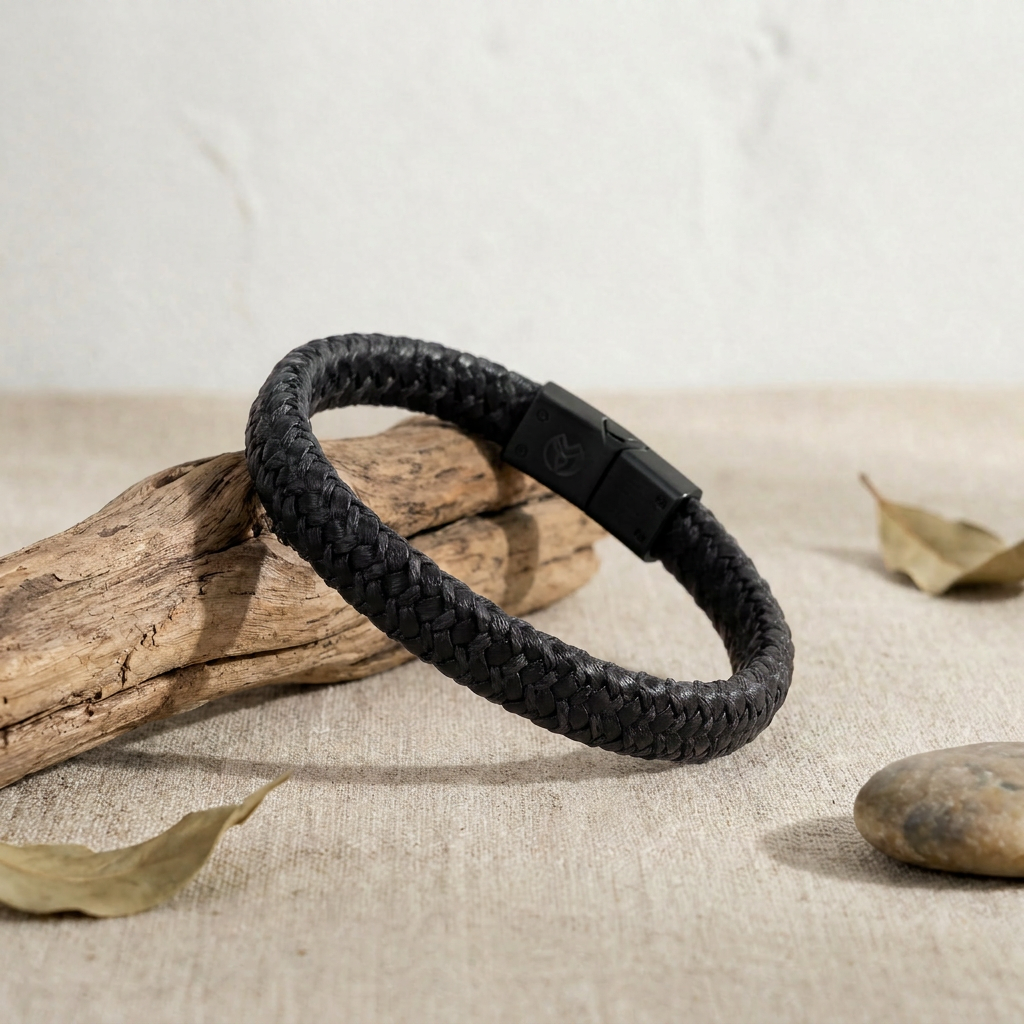 Delemon featuring a single-strand thick braided black genuine leather bracelet with a black steel clasp