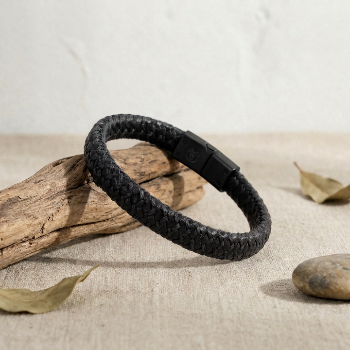 Delemon featuring a single-strand thick braided black genuine leather bracelet with a black steel clasp