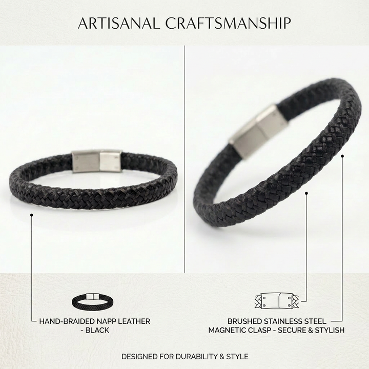 Delemon featuring a single-strand thick braided black genuine leather bracelet with a black steel clasp