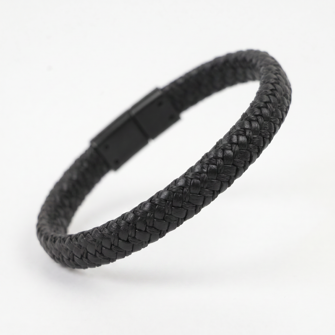 Delemon featuring a single-strand thick braided black genuine leather bracelet with a black steel clasp