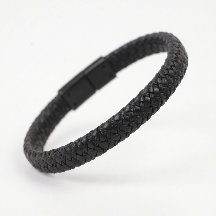 Delemon featuring a single-strand thick braided black genuine leather bracelet with a black steel clasp