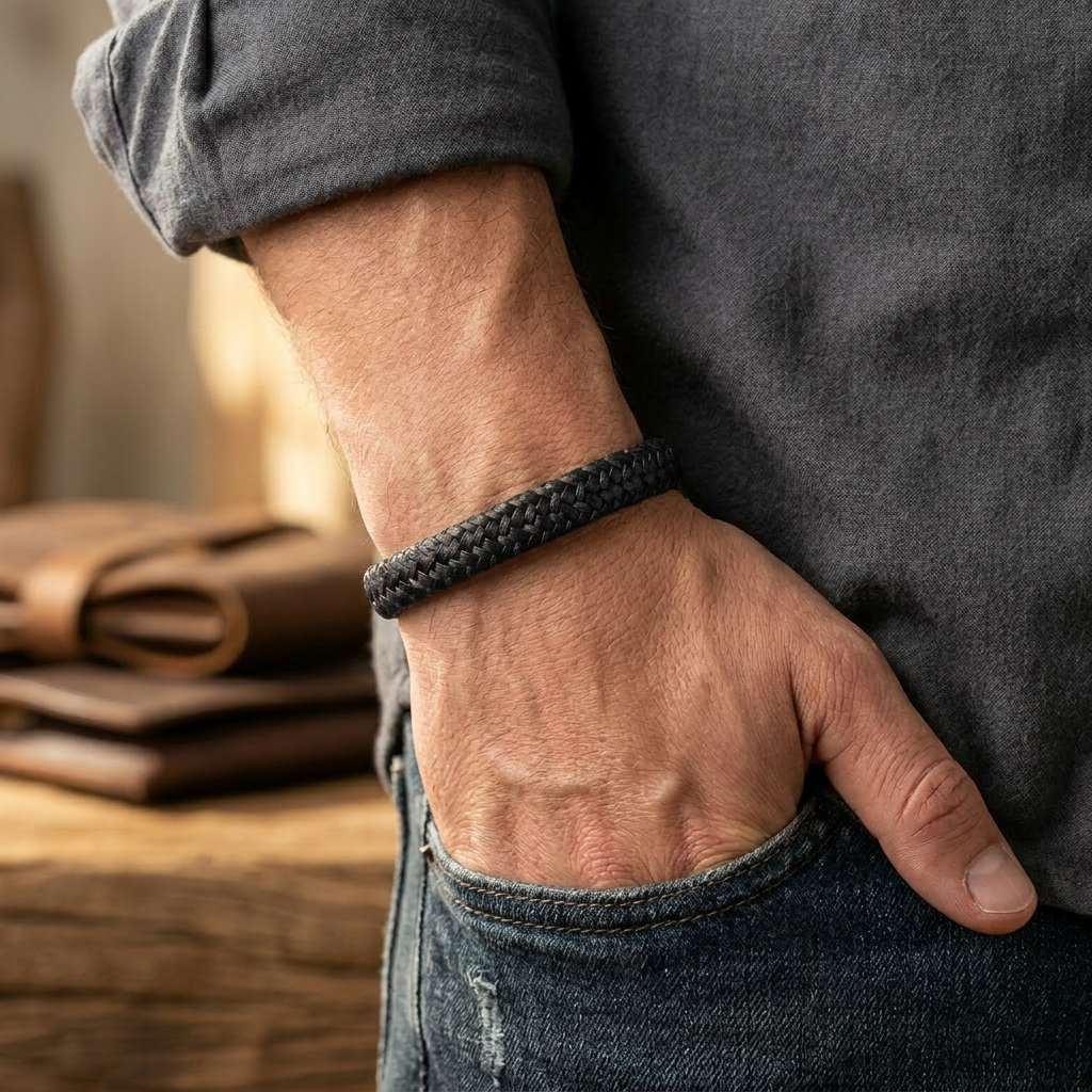 Delemon featuring a single-strand thick braided black genuine leather bracelet with a black steel clasp