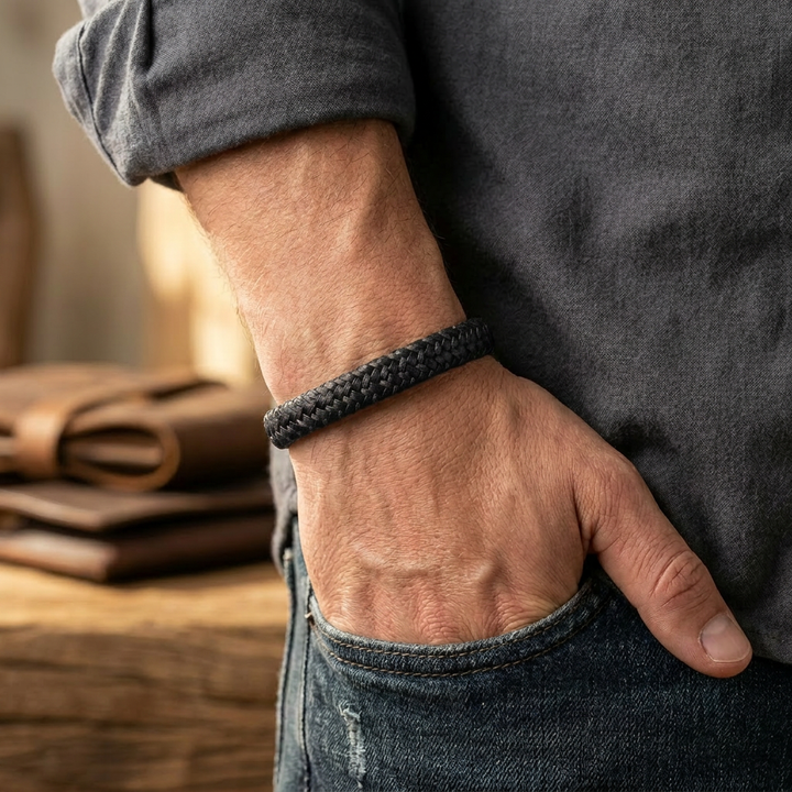 Delemon featuring a single-strand thick braided black genuine leather bracelet with a black steel clasp