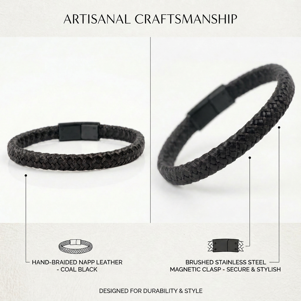 Delemon featuring a single-strand thick braided black genuine leather bracelet with a black steel clasp