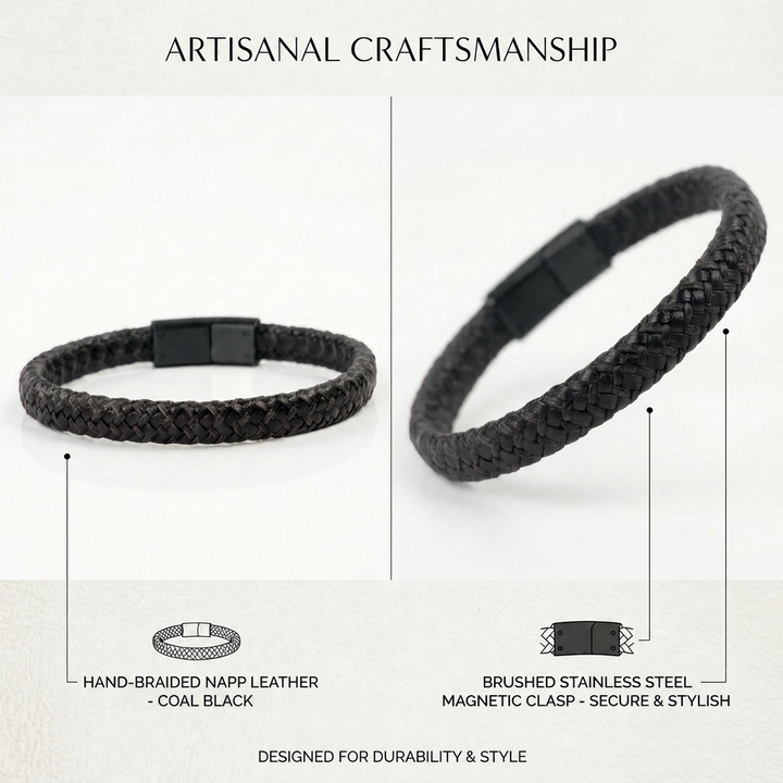 Delemon featuring a single-strand thick braided black genuine leather bracelet with a black steel clasp