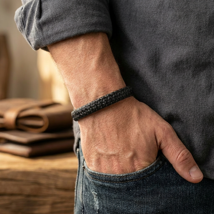 Delemon featuring a single-strand thick braided black genuine leather bracelet with a black steel clasp