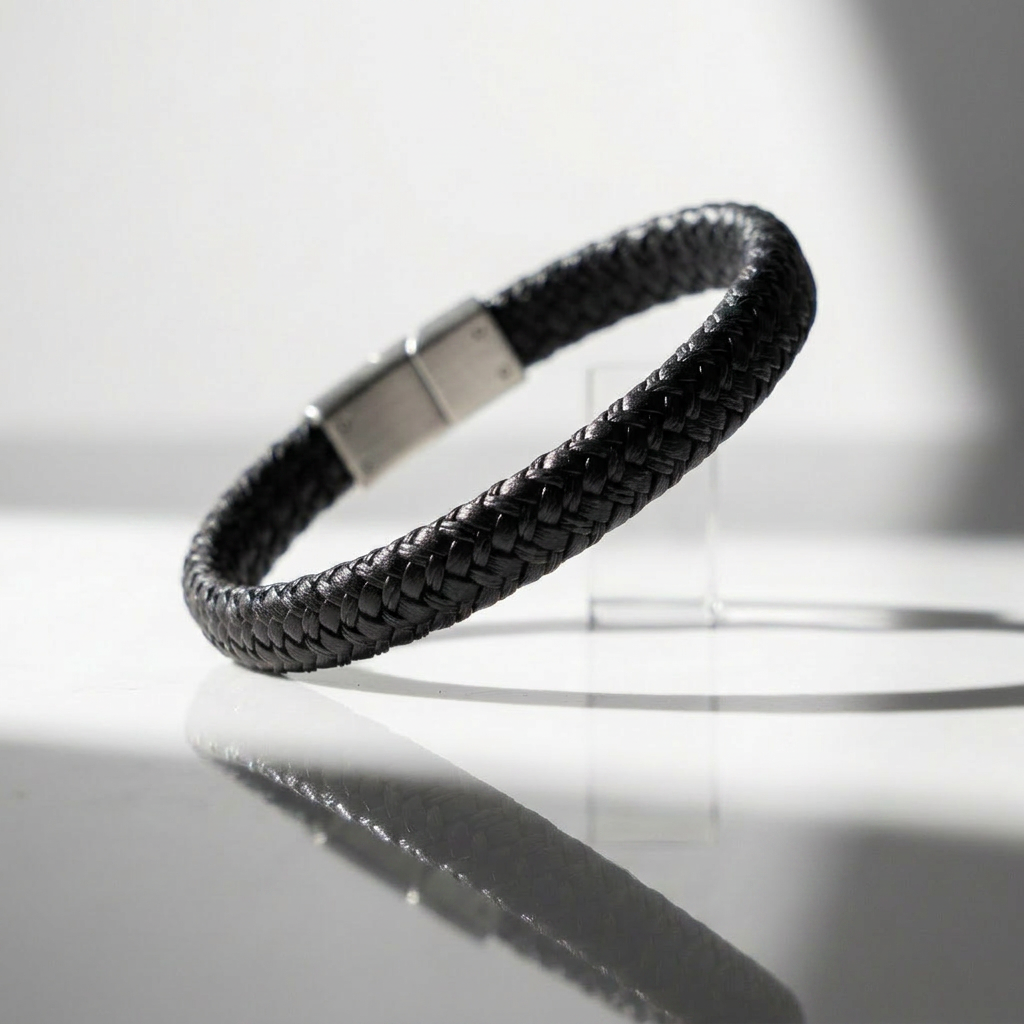 Delemon featuring a single-strand thick braided black genuine leather bracelet with a black steel clasp