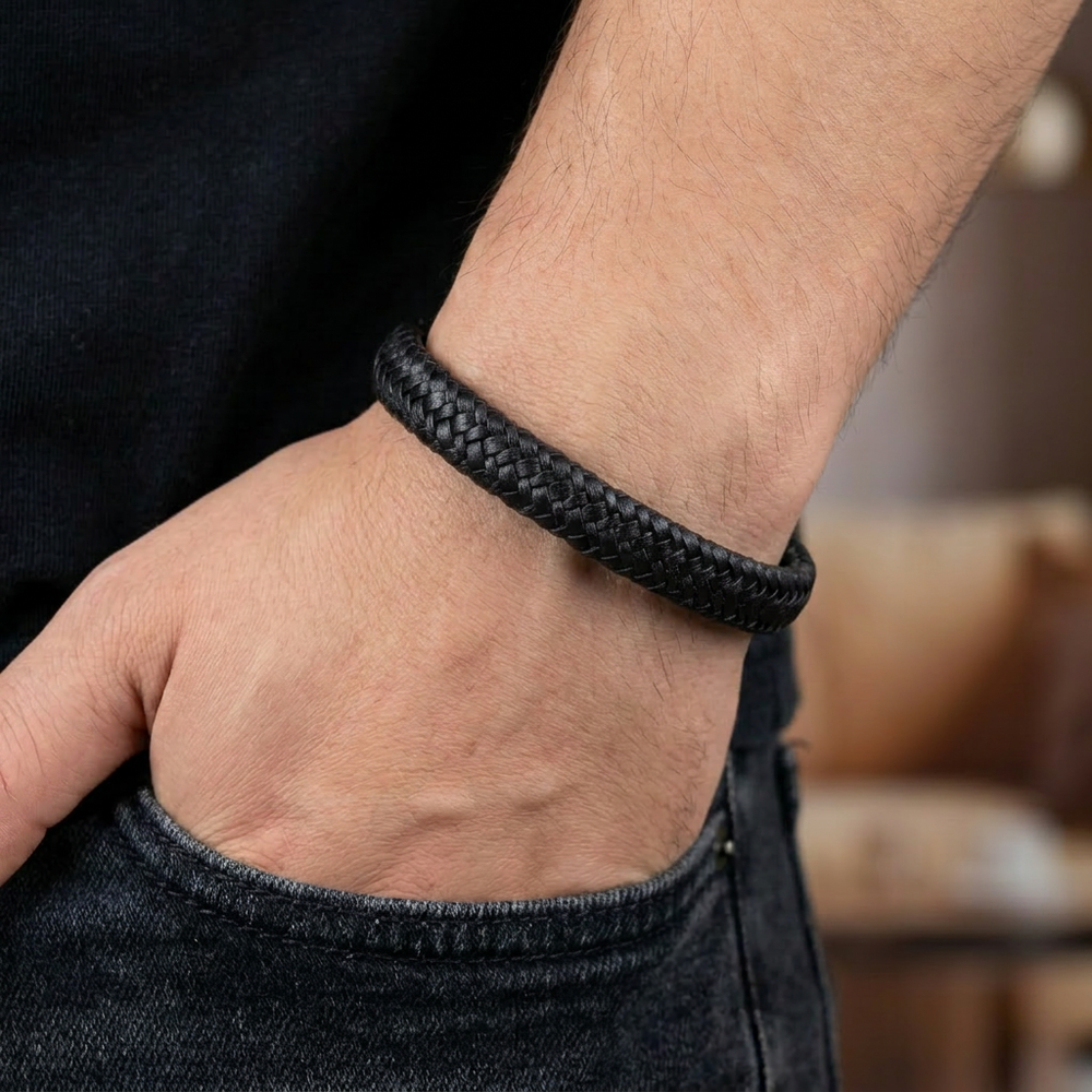 Delemon featuring a single-strand thick braided black genuine leather bracelet with a black steel clasp