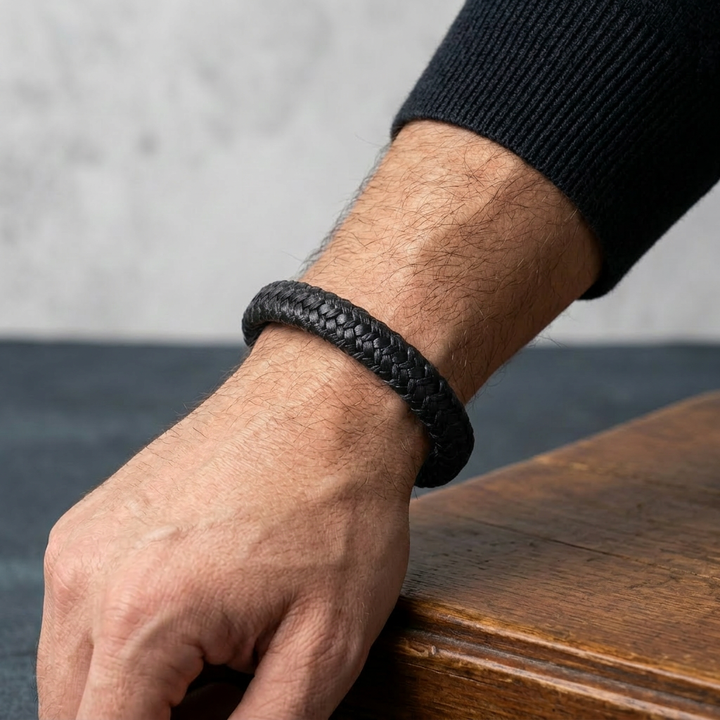 Delemon featuring a single-strand thick braided black genuine leather bracelet with a black steel clasp
