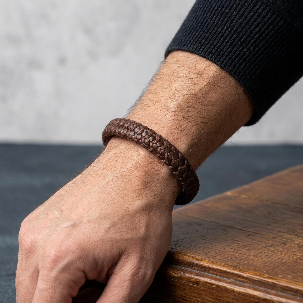 Delemon featuring a single-strand thick braided brown genuine leather bracelet with a brushed steel clasp