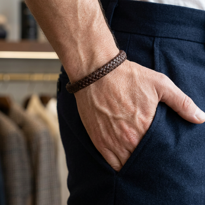 Delemon featuring a single-strand thick braided brown genuine leather bracelet with a brushed steel clasp