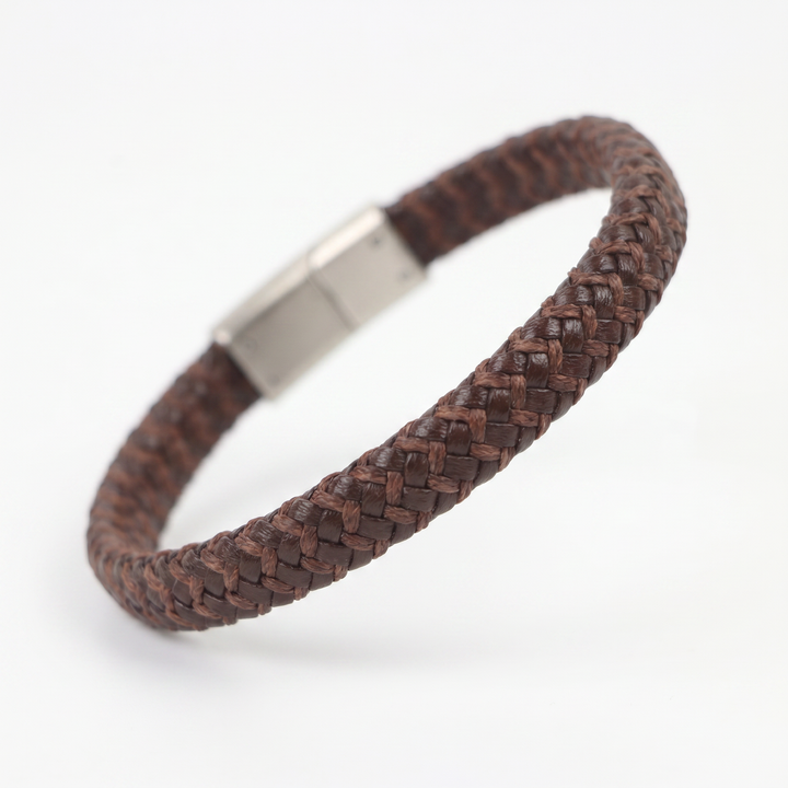 Delemon featuring a single-strand thick braided brown genuine leather bracelet with a brushed steel clasp