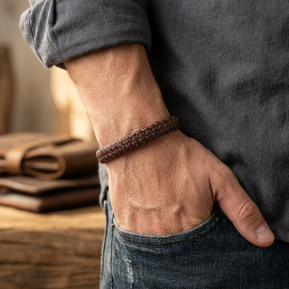 Delemon featuring a single-strand thick braided brown genuine leather bracelet with a brushed steel clasp
