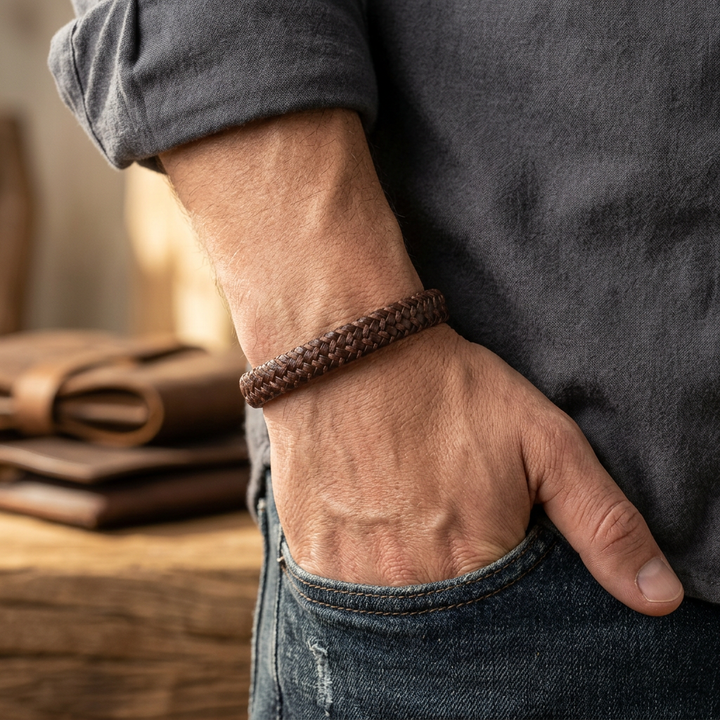 Delemon featuring a single-strand thick braided brown genuine leather bracelet with a brushed steel clasp