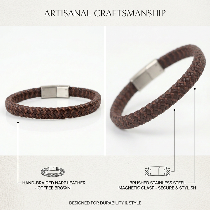Delemon featuring a single-strand thick braided brown genuine leather bracelet with a brushed steel clasp