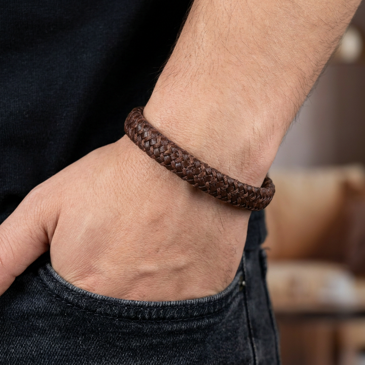 Delemon featuring a single-strand thick braided brown genuine leather bracelet with a brushed steel clasp