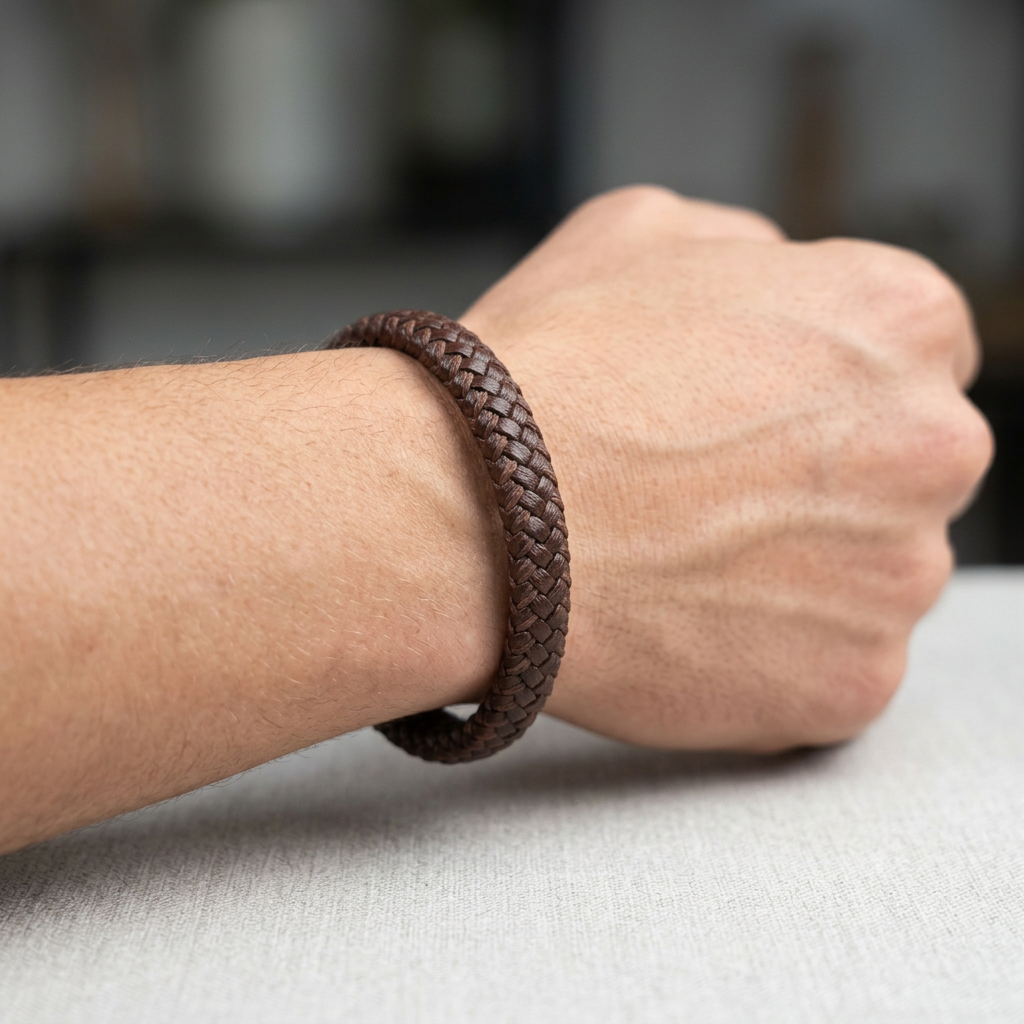 Delemon featuring a single-strand thick braided brown genuine leather bracelet with a brushed steel clasp