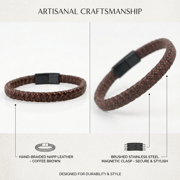 Delemon featuring a single-strand thick braided brown genuine leather bracelet with a brushed steel clasp