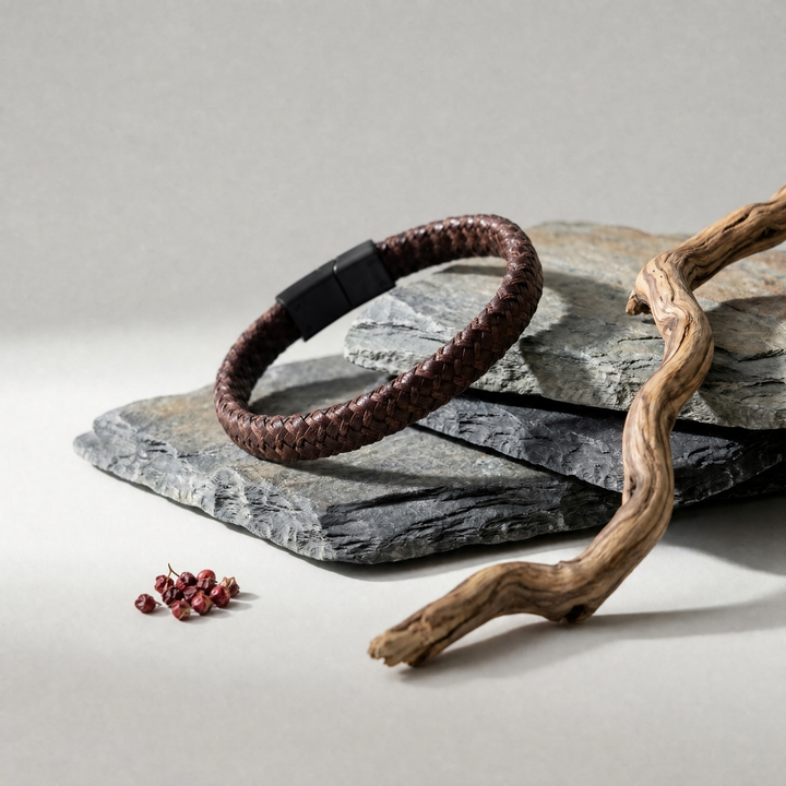 Delemon featuring a single-strand thick braided brown genuine leather bracelet with a brushed steel clasp