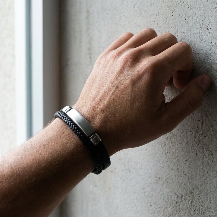   Delemon featuring a dual-strand black leather bracelet with a central brushed stainless steel