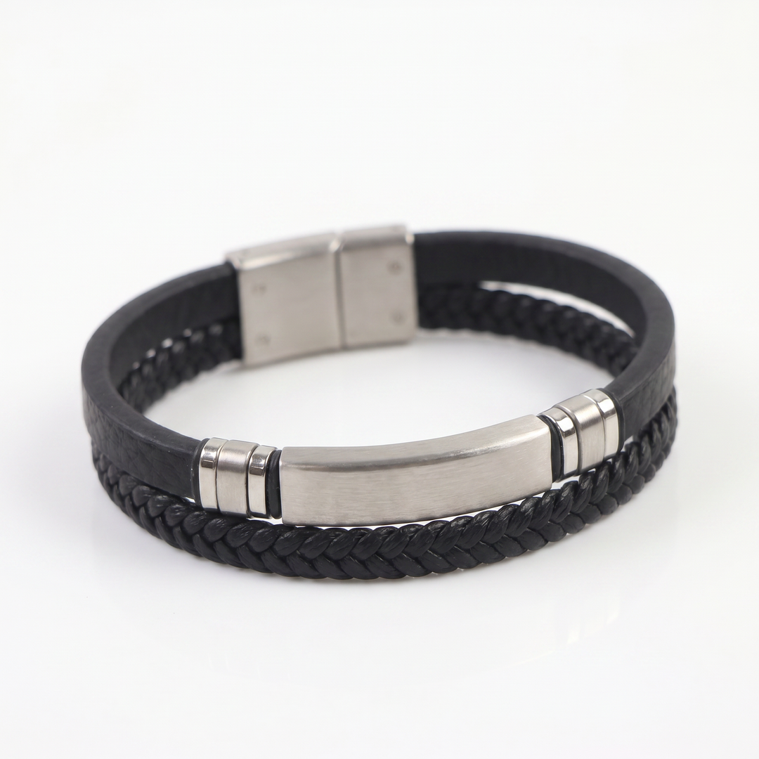   Delemon featuring a dual-strand black leather bracelet with a central brushed stainless steel