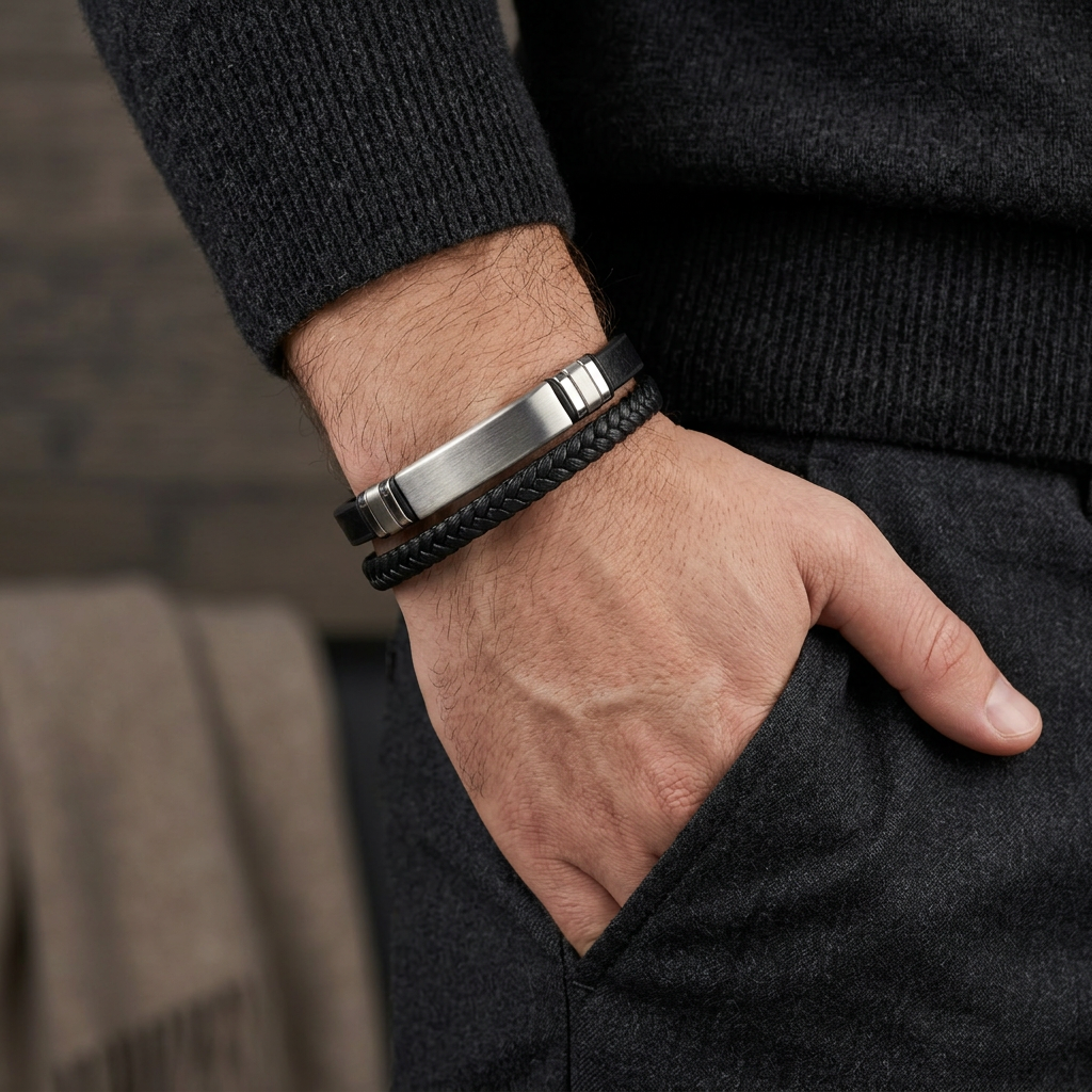   Delemon featuring a dual-strand black leather bracelet with a central brushed stainless steel