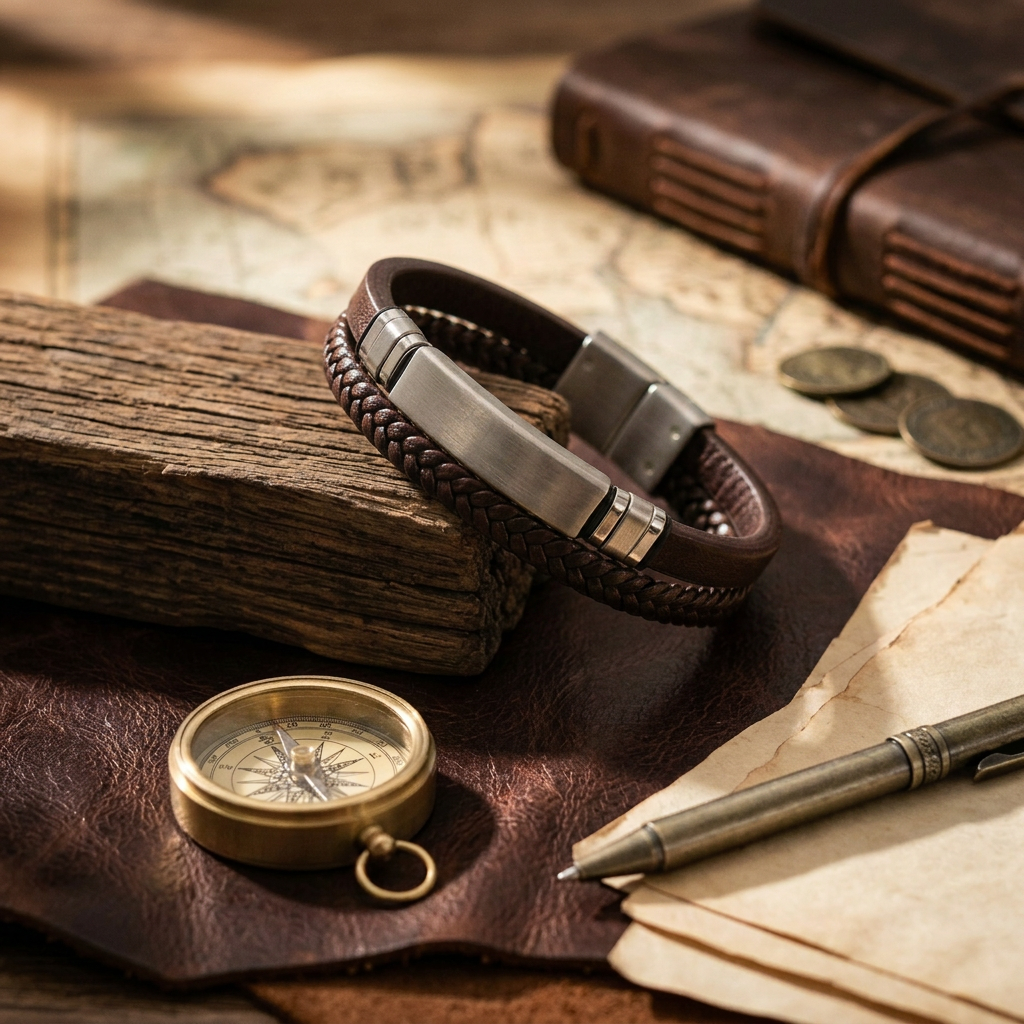 featuring a dual-strand brown leather bracelet with a central brushed stainless steel