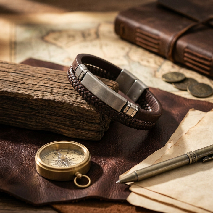 featuring a dual-strand brown leather bracelet with a central brushed stainless steel