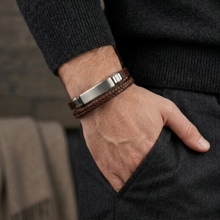 featuring a dual-strand brown leather bracelet with a central brushed stainless steel