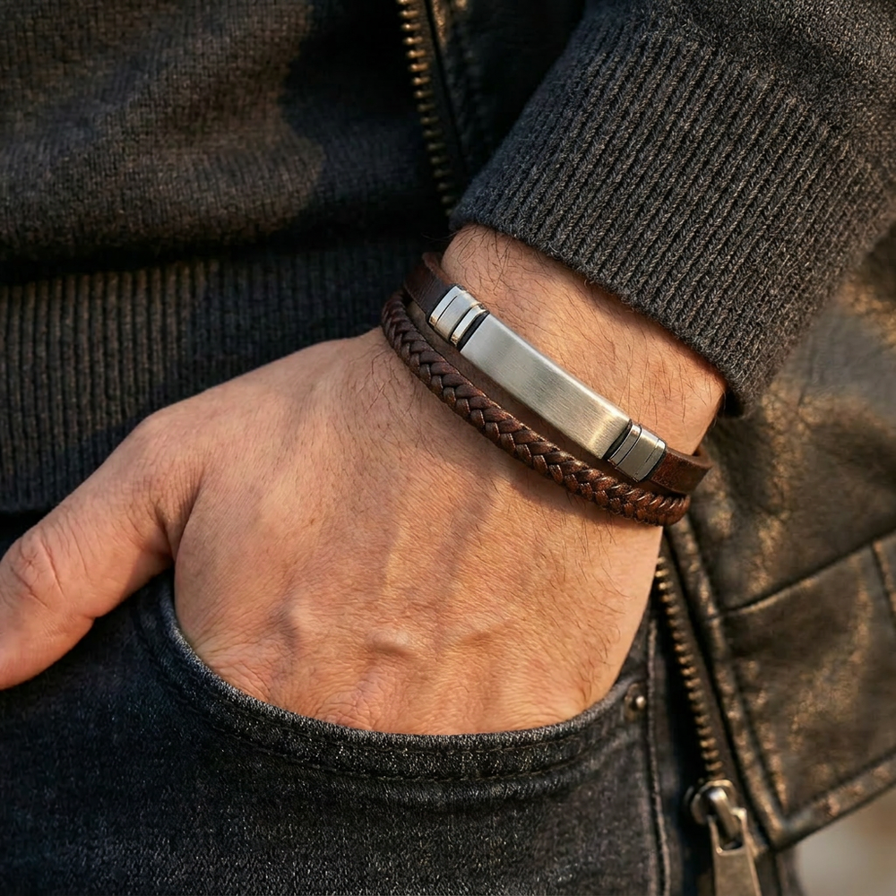 featuring a dual-strand brown leather bracelet with a central brushed stainless steel