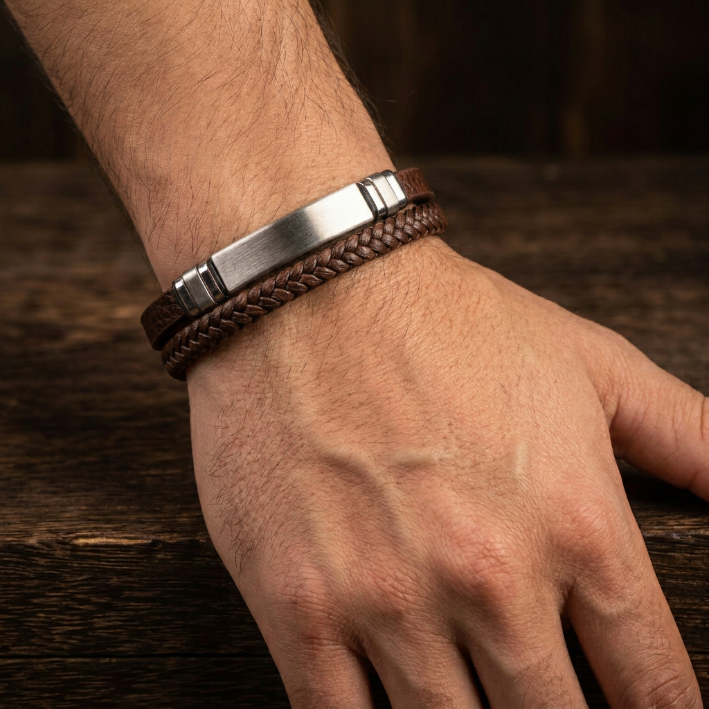 featuring a dual-strand brown leather bracelet with a central brushed stainless steel