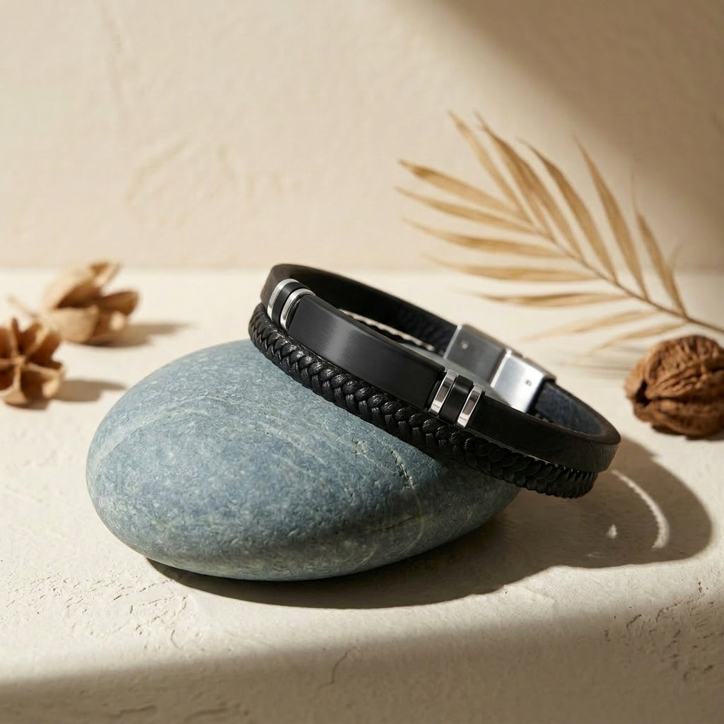 Delemon featuring a dual-strand brown leather bracelet with a central matte black stainless steel