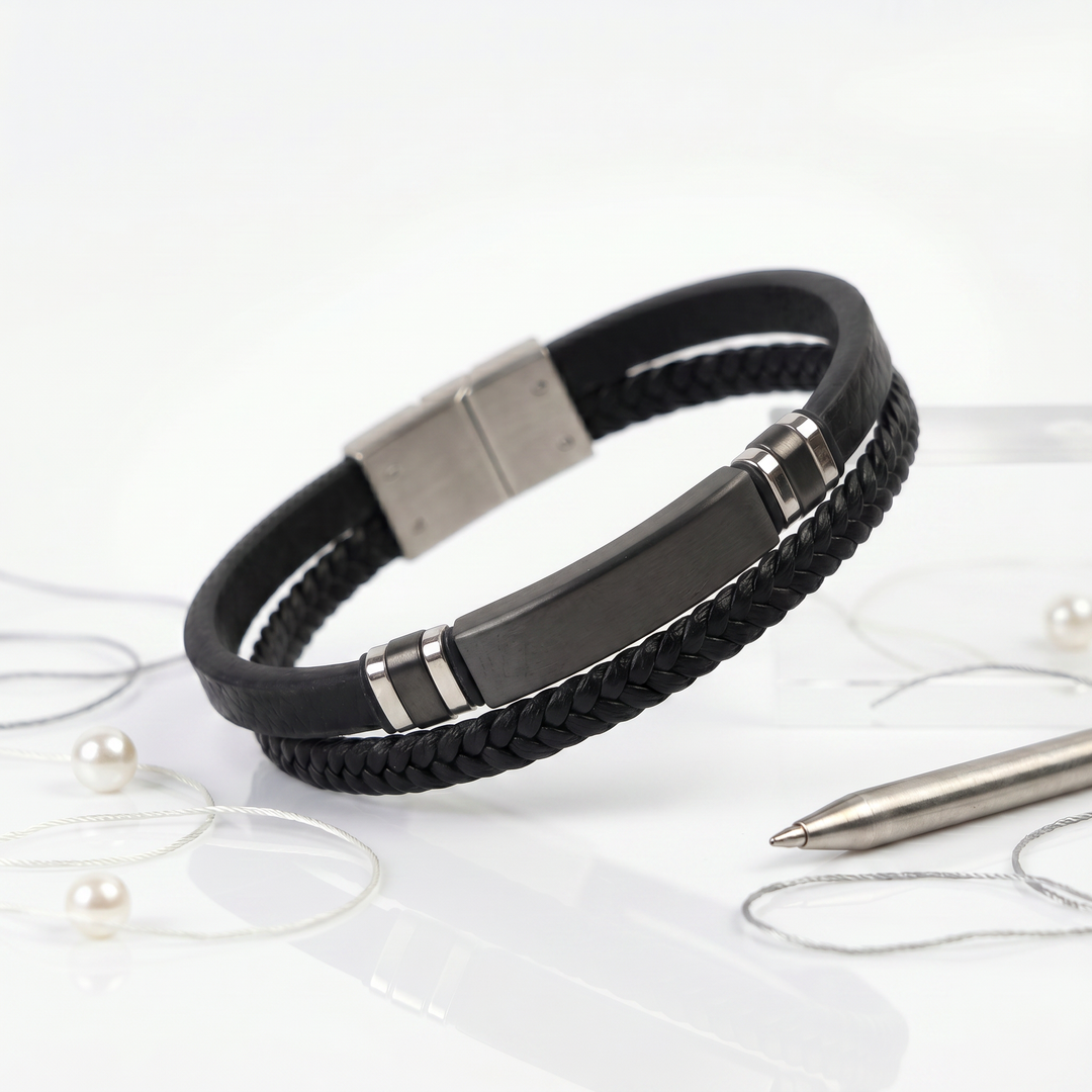 Delemon featuring a dual-strand brown leather bracelet with a central matte black stainless steel